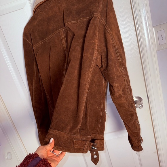 Express Men's Chocolate Brown Suede Bomber with Cream Collar - Picture 7 of 8